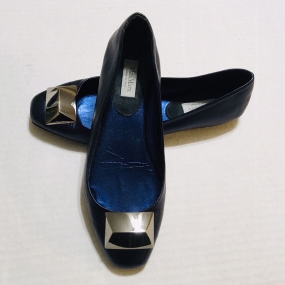 MaxMara Metallic Blue Silver Buckle Flats 36